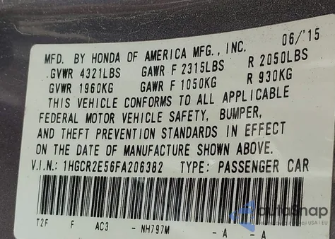 2015 Honda Accord Sport z USA, uszkodzony, nr VIN 1HGCR2E56FA206382